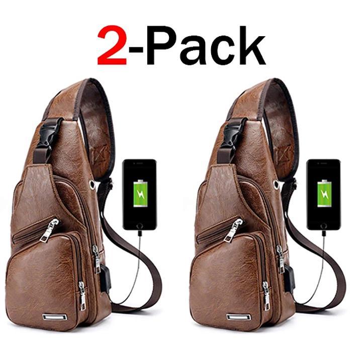 Brehn | Große Herren-Leder-Tasche Brust-Rucksack Wasserfester Crossbody-Bag mit USB