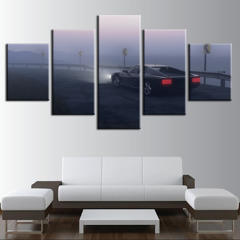 5 Stück - Nebel - Klassisches schwarzes Auto - Leinwand Wandkunst Gemälde
