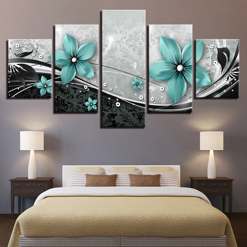 5-teiliges Leinwandbild mit verzierten blauen Blumen