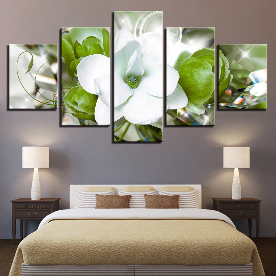 Zarte weiße und grüne Blumen 5-teilig - Canvas Wandkunst Gemälde