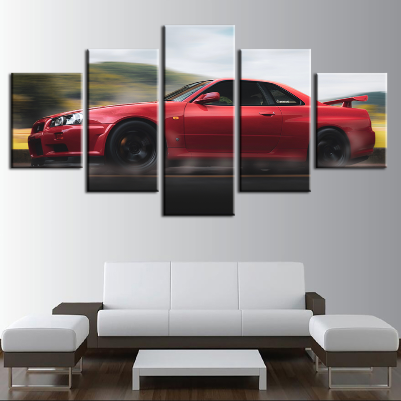 5 Stück Rotes Klassisches Metallic Auto - Leinwand Wandkunst Gemälde