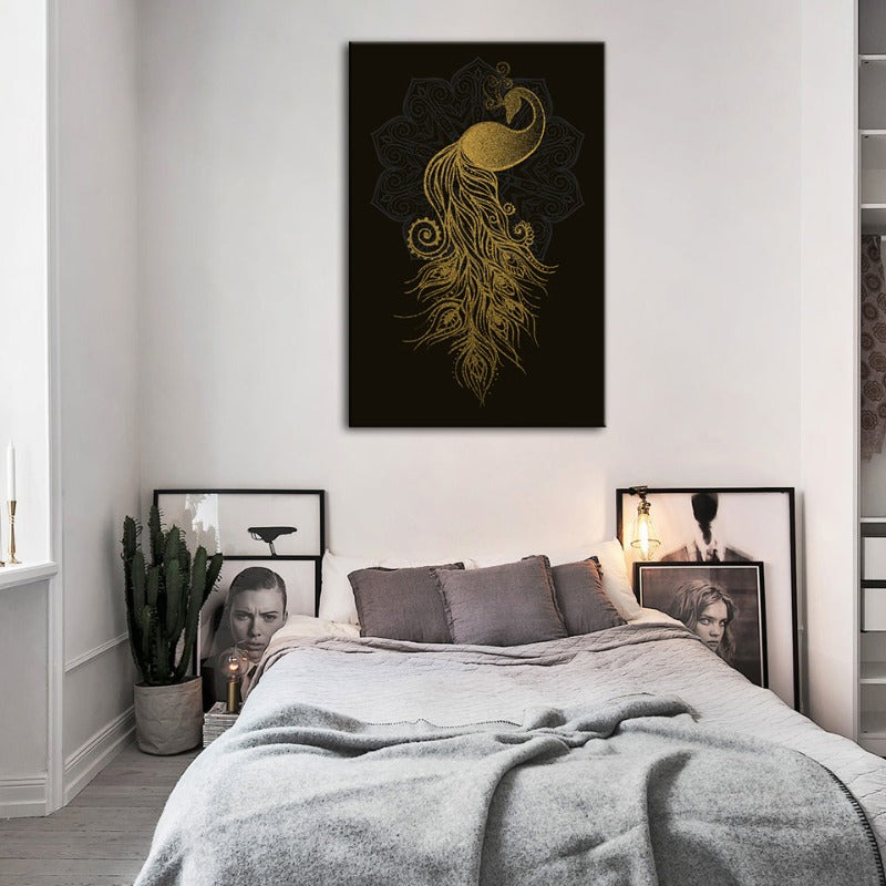 Abstract Golden Mandala Pfau - Canvas Wandkunst Malerei
