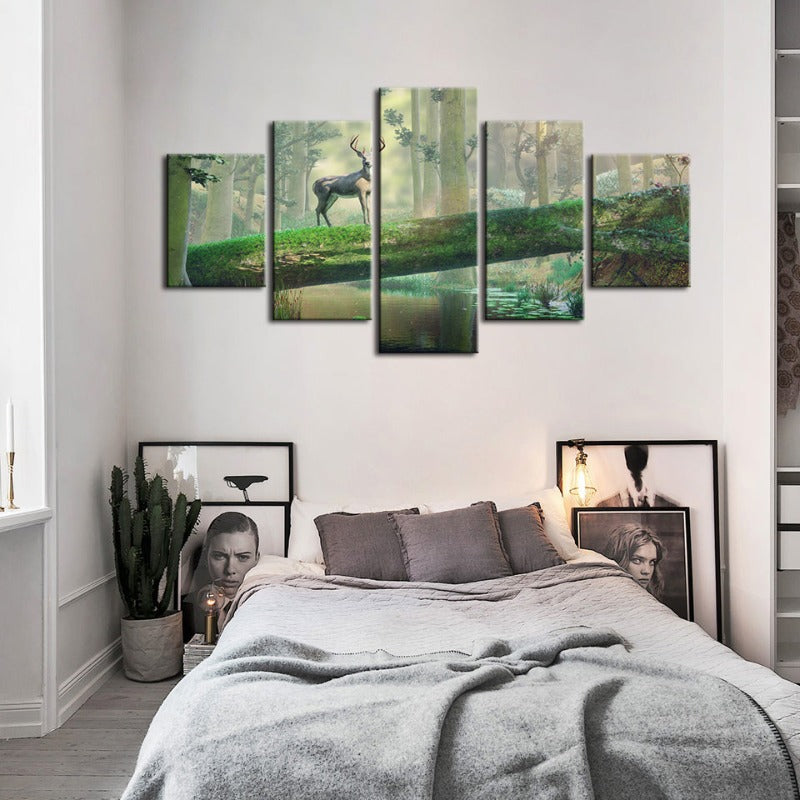 5-teilige verzauberte Wald Hirsch - Leinwand Wandkunst Malerei