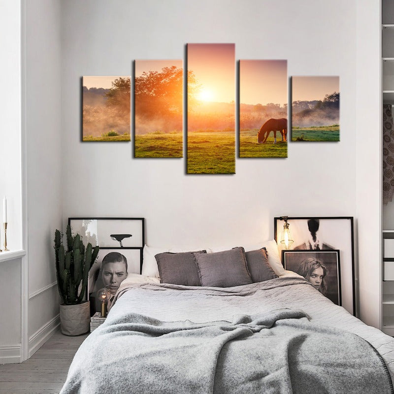 5-teiliges Sonnenaufgang-Weide-Pferd - Leinwand Wandkunst Gemälde