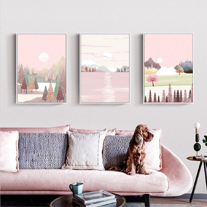 Traumhafte rosa Landschaft - Leinwand Wandkunst Gemälde