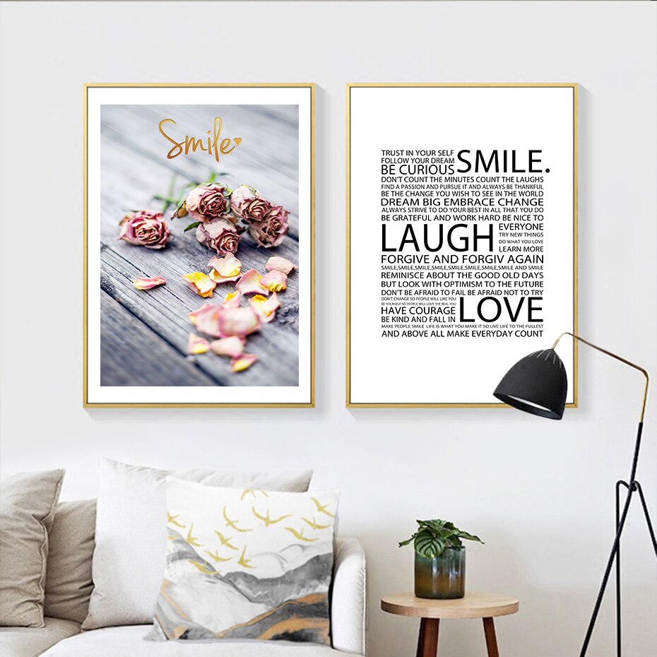 Romantische Blumen, Lächeln, Lachen, Liebeszitat - Leinwandbild
