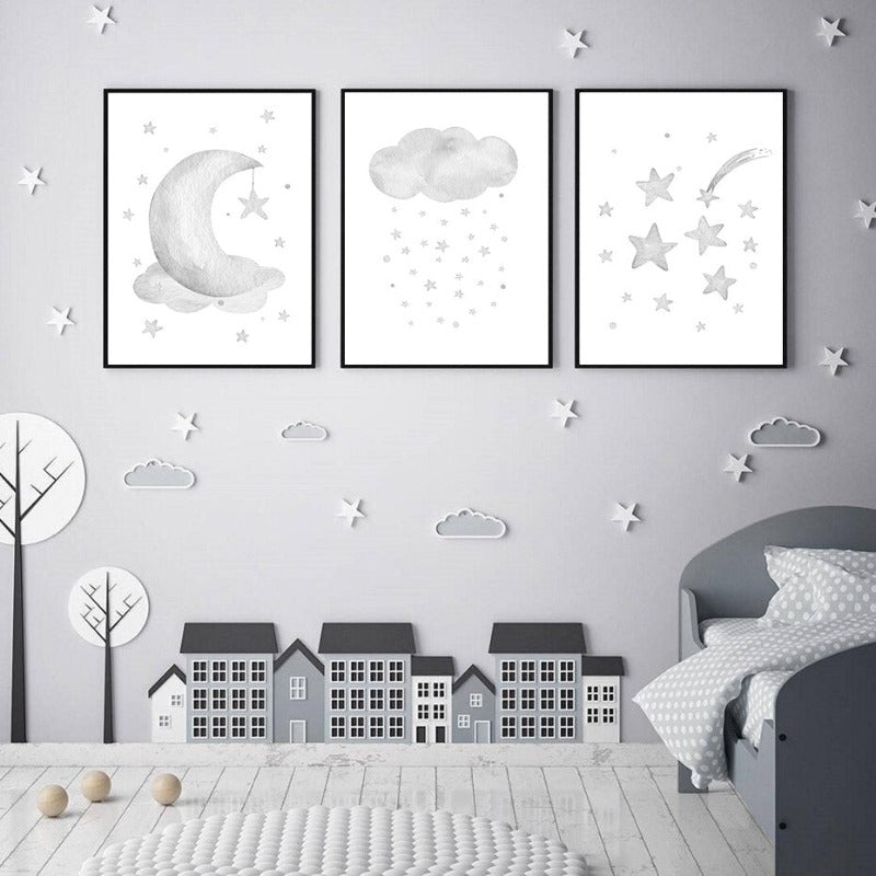 Graue Mond Sterne Wolke Kinderzimmer - Leinwand Wandkunst Malerei
