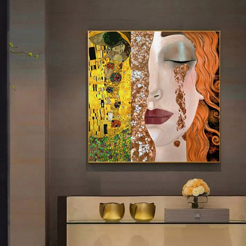 Gustav Klimt Goldene Tränen und Kuss Mädchen - Leinwand Wandkunst Gemälde