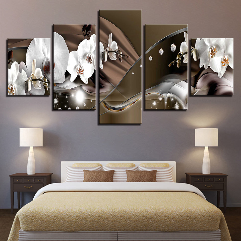 Formale Braune und Weiße Orchideen 5 Teile - Leinwand Wandkunst Malerei