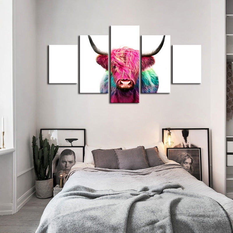 5-teilige bunte rosa Kuh - Leinwand Wandkunst Malerei