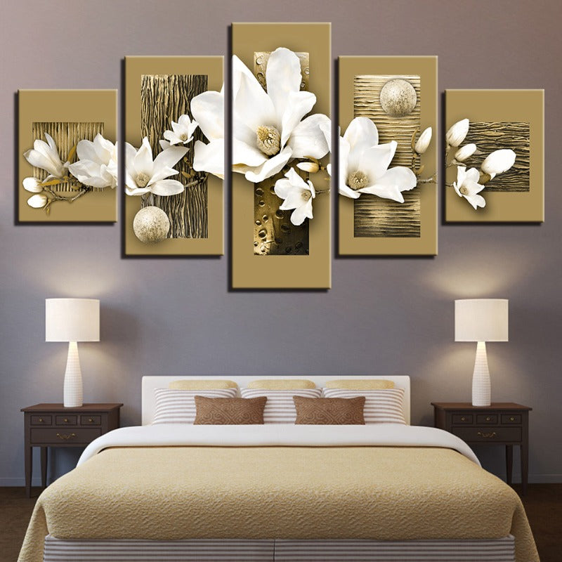 5-teiliges Leinwandbild mit weißem Blumenmuster und Holzhintergrund