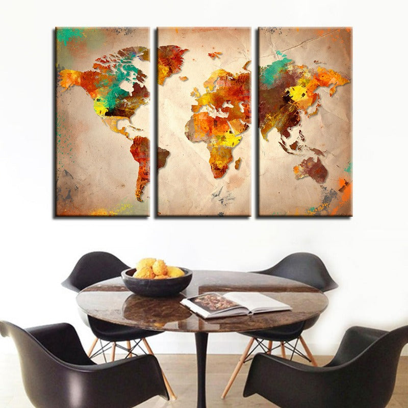 Schöne abstrakte mehrfarbige Weltkarte - Leinwand Wandkunst Malerei 3 Stücke