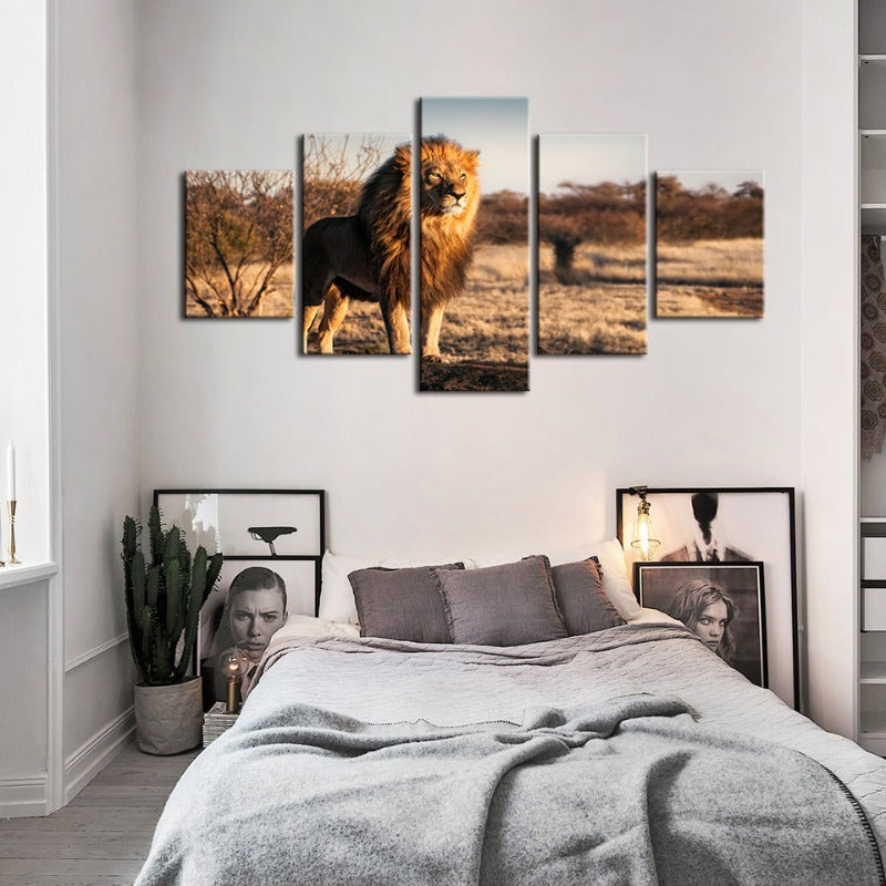 5-teilige majestätische Löwe im Sonnenlicht - Leinwand Wandkunst Gemälde