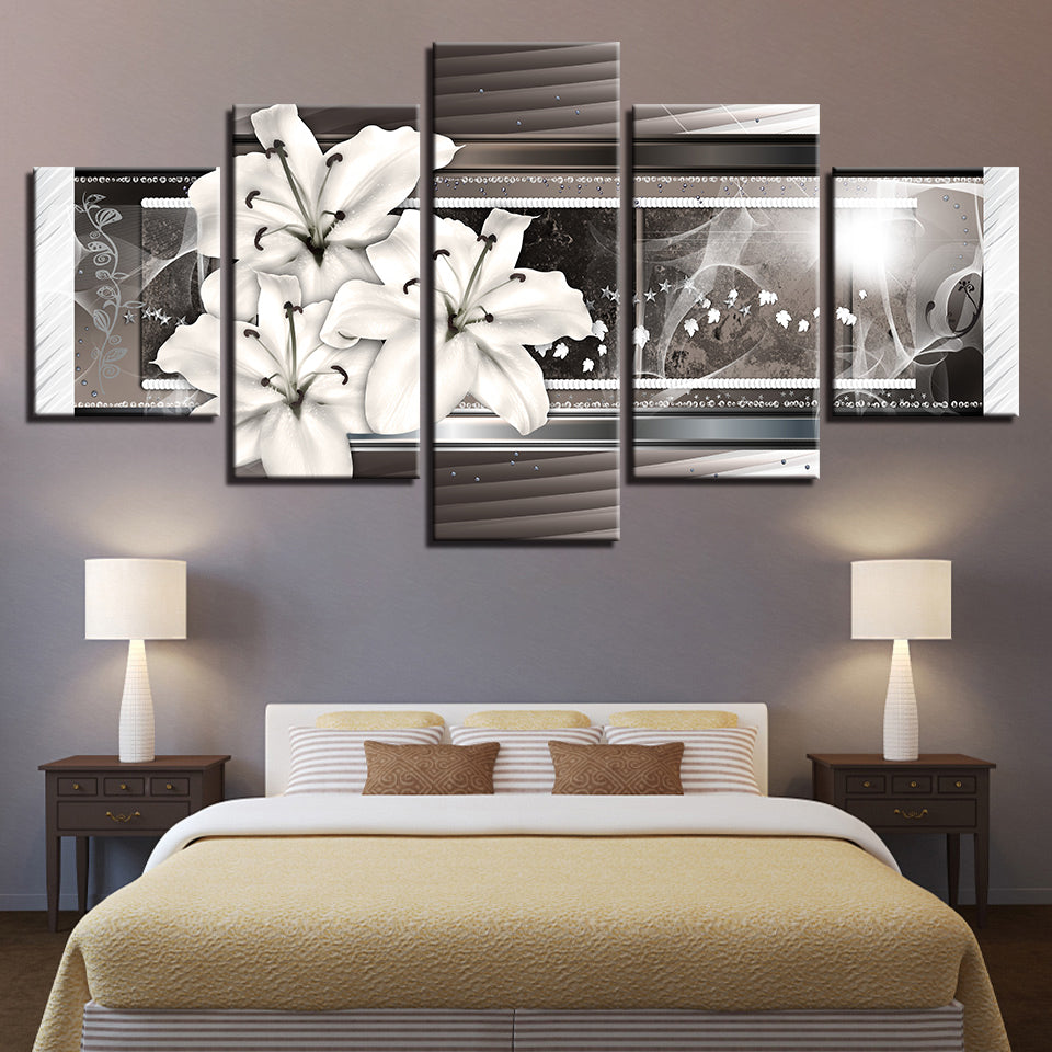 Graustufen Weiße Lilien 5 Stück - Leinwand Wandkunst Gemälde