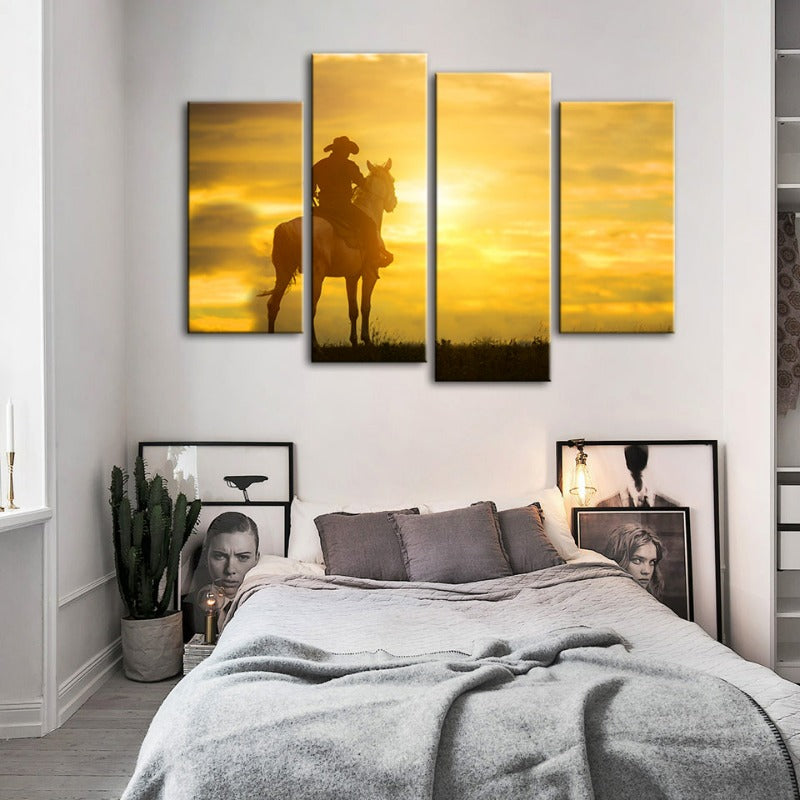 Ein Cowboy und sein Pferd - Leinwand Wandkunst Gemälde 4 Teile