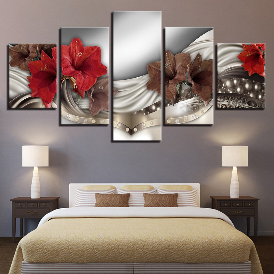 5-teiliges Leinwandbild mit eleganten roten Blumen