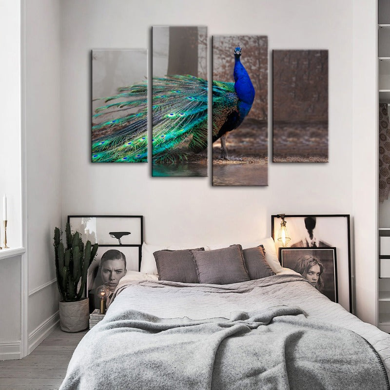 4-teiliges lebhaftes Pfau am Teich - Leinwand Wandkunst Gemälde