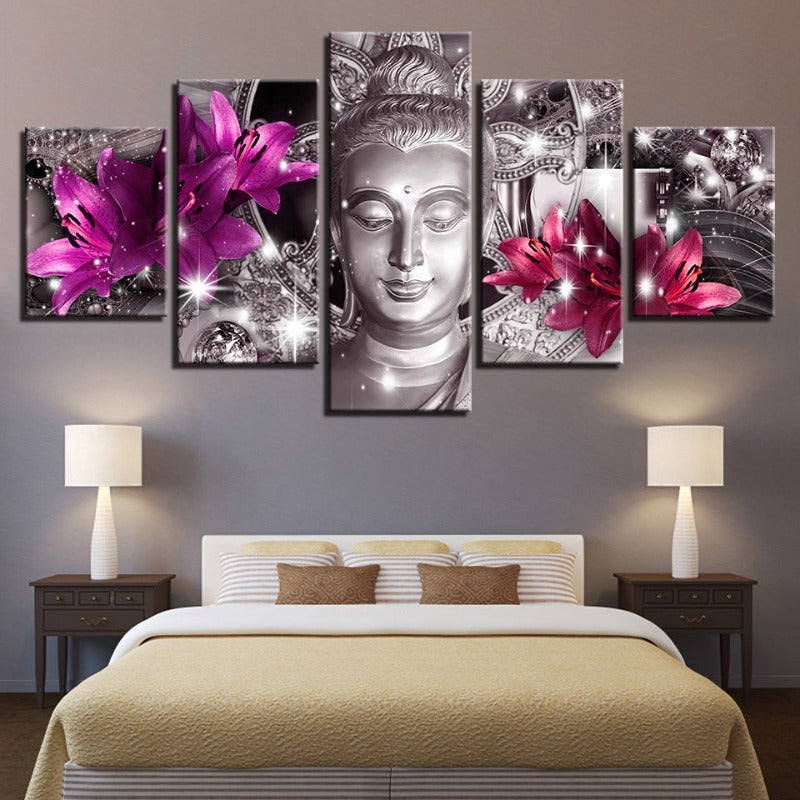 5-teilige Buddha mit lila und pinken Tulpenblumen - Leinwand Wandkunst Gemälde