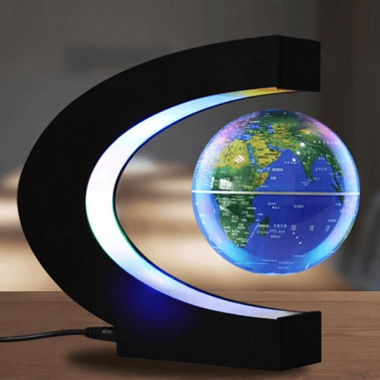 Schwebender LED-Globus mit Magnetaufhängung – Globuslampe mit C-Halter, beleuchtete Weltkarte, 4 Netzadapter EU/US/UK/AU, Globus Ø 8,5 cm, Halter 18 cm