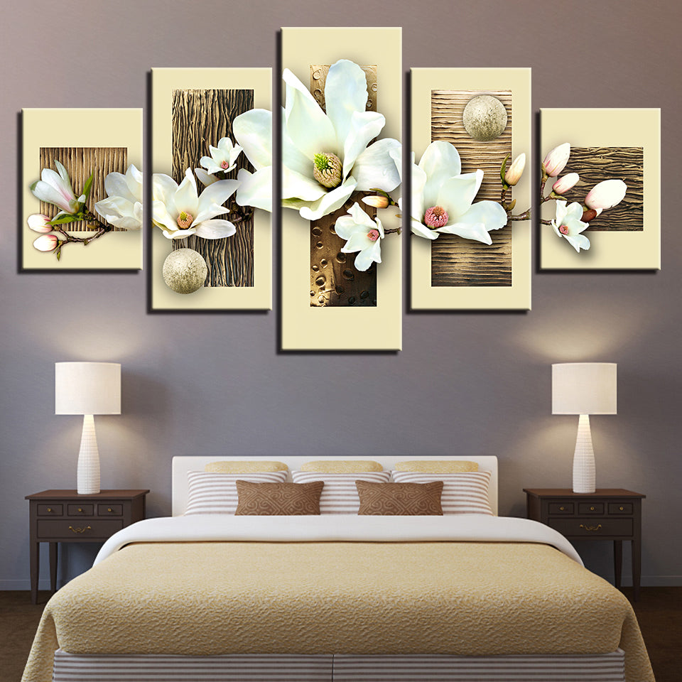 5-teiliges Leinwandbild mit strukturierten, mehrfarbigen Magnolien