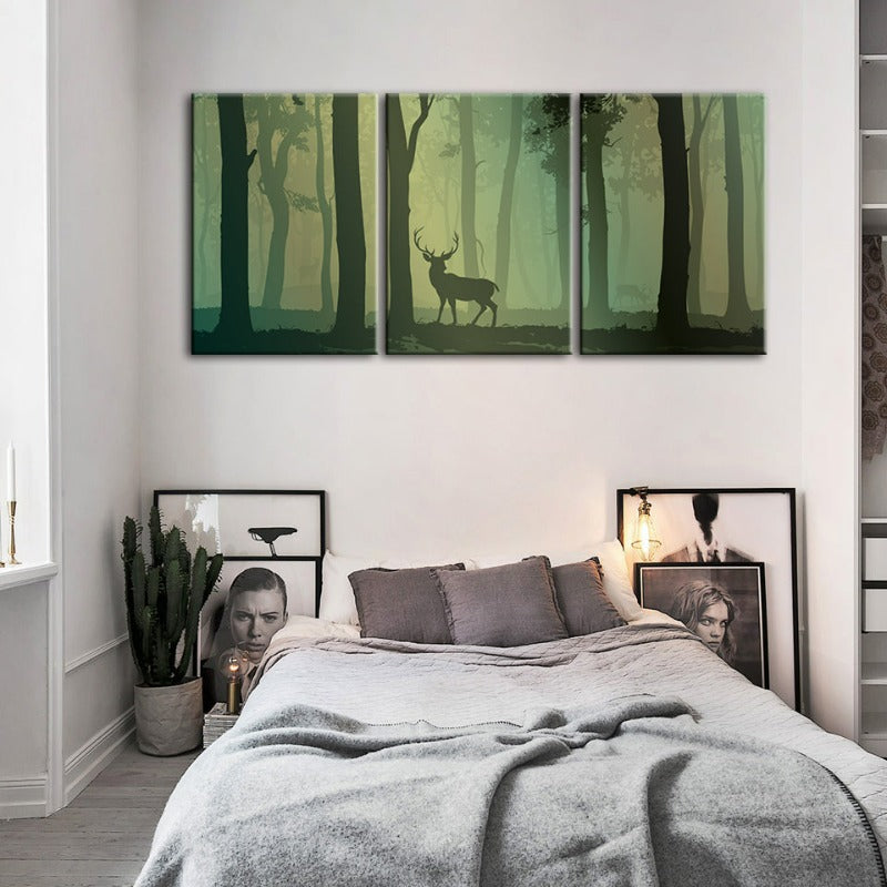 Verzauberte grüne Ton Silhouetten Reh-Leinwand Wandkunst Gemälde 3 Stücke