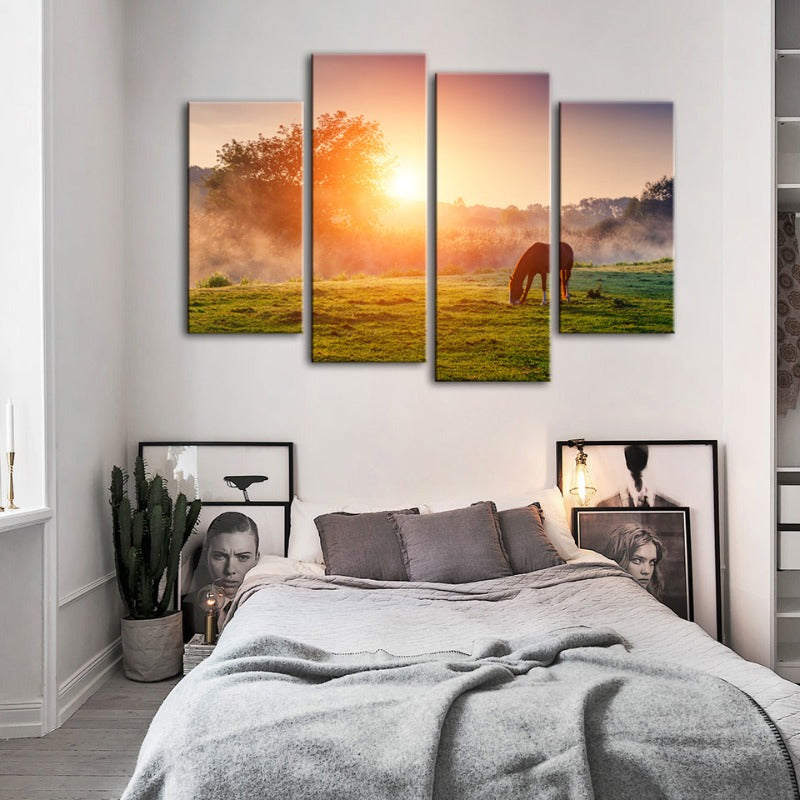 4-teilige Sonnenaufgang Weidepferd - Leinwand Wandkunst Malerei