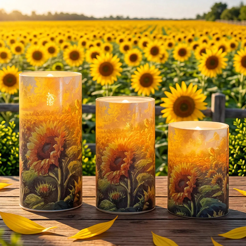 LED-Kerzen-Set mit Sonnenblumen-Motiv, 3-teilig