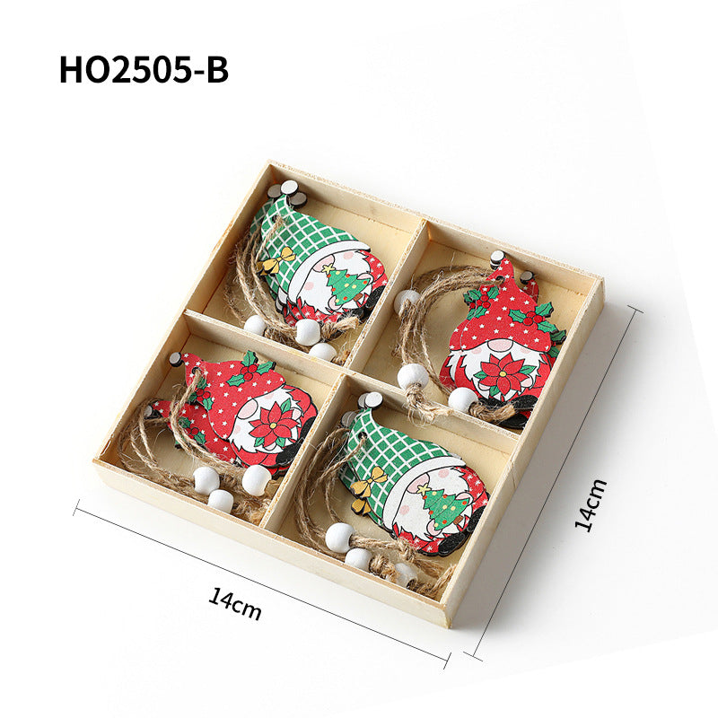 Weihnachts-Holzanhänger-Set, 4-teilige Box mit Wichtel-Motiven