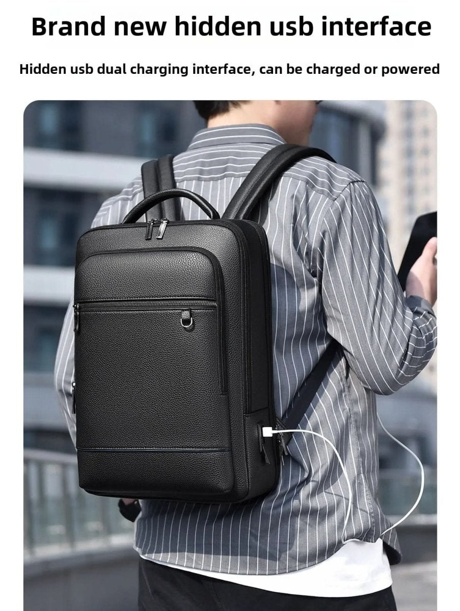 Eleganter Lederrucksack für Damen und Herren mit USB-Anschluss für Laptop und den täglichen Gebrauch, 15,6 Zoll, schwarz