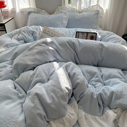 Flauschiges Milchfaser-Fleece Bettwäsche-Set mit Spitzenbesatz