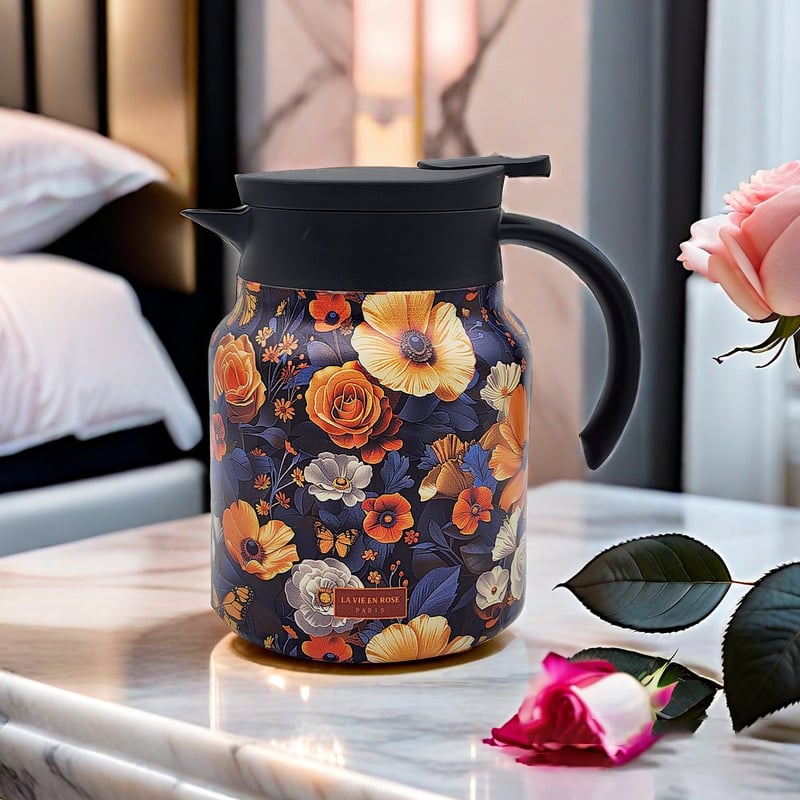 Teethermoskanne mit Vintage-Blumenmuster – mit integriertem Teesieb