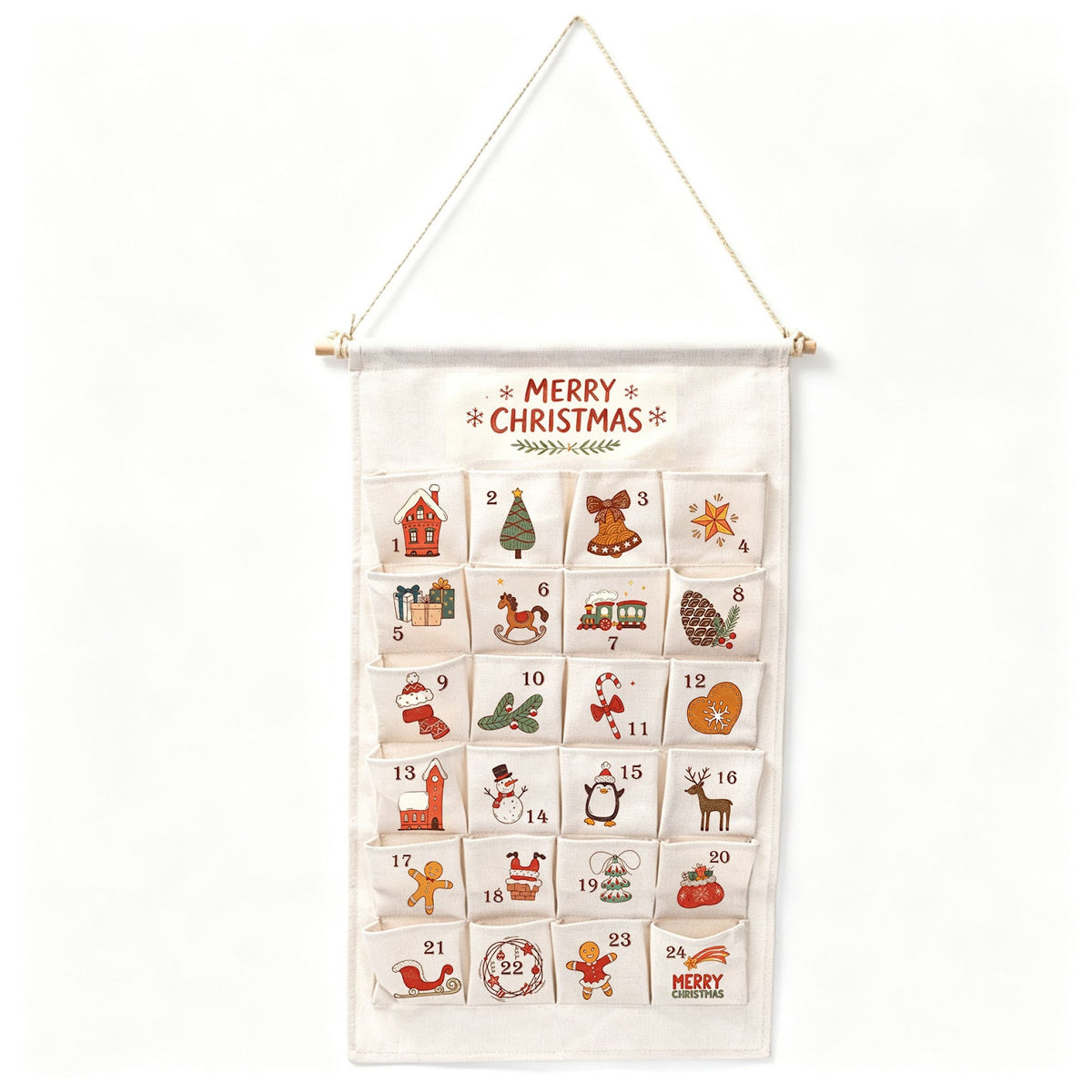 Weihnachts-Adventskalender aus Stoff mit 24 Taschen