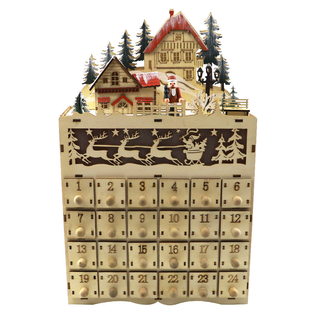 Weihnachtlicher Adventskalender aus Holz mit Dorf-Szene