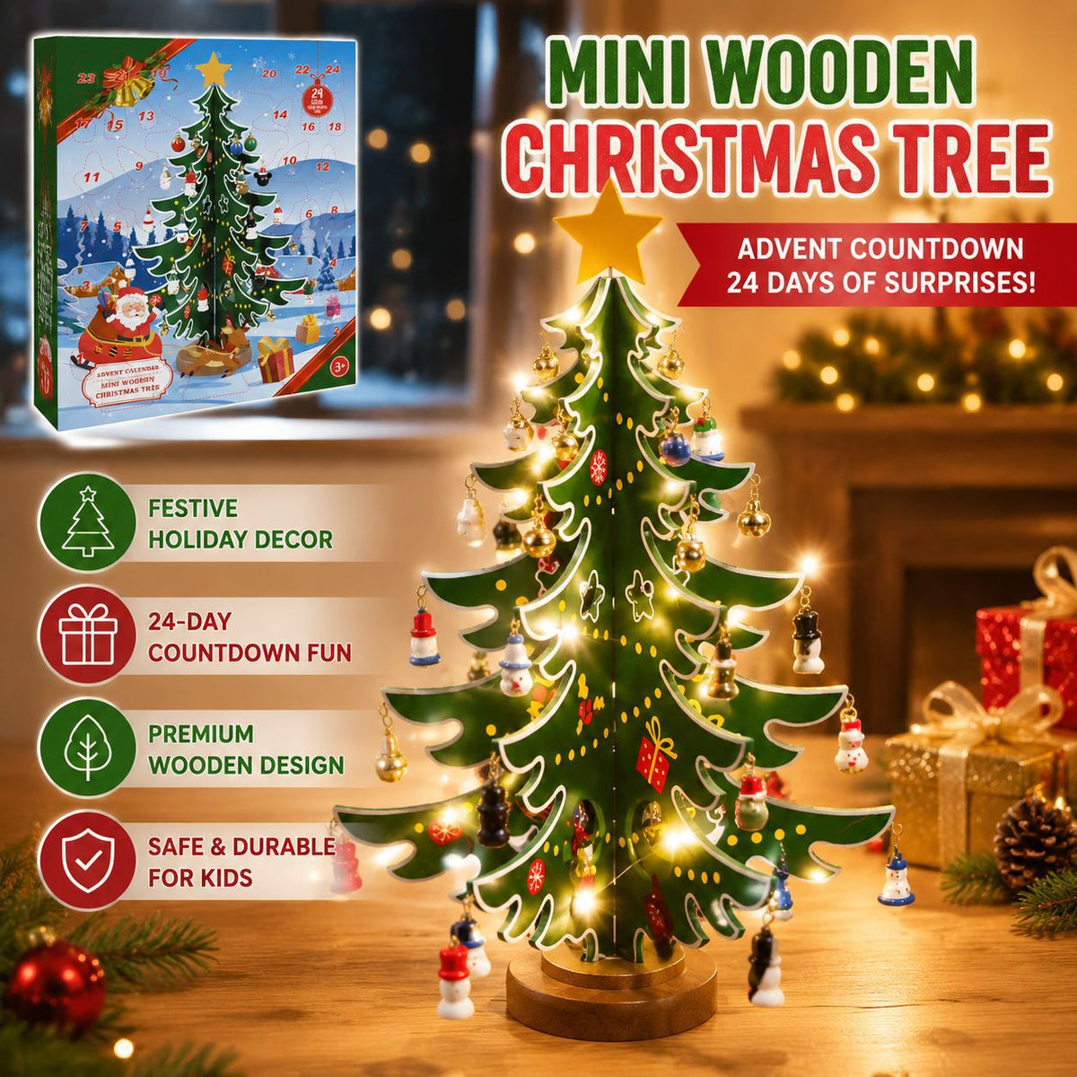 Dekorativer Holz-Weihnachtsbaum mit Beleuchtung