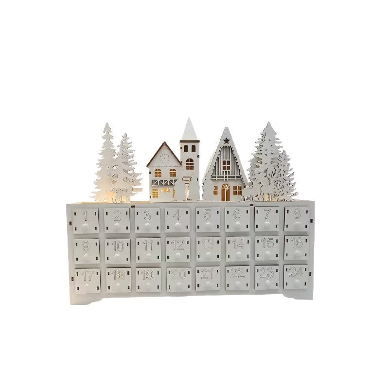 Beleuchteter Holz-Adventskalender im Dorf-Design