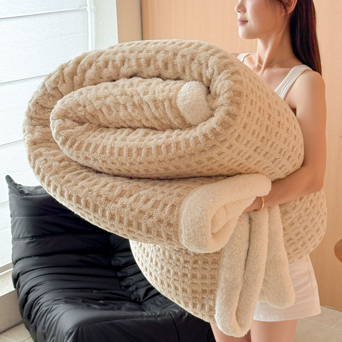 Waffel-Wohndecke mit Lammfleece-Imitat, doppellagig