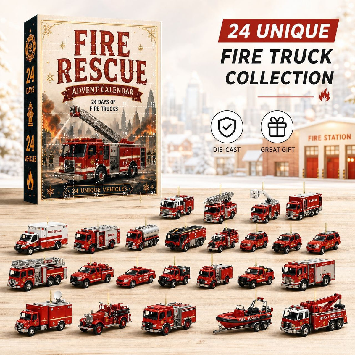 Weihnachts-Adventskalender mit Fahrzeug-Anhängern