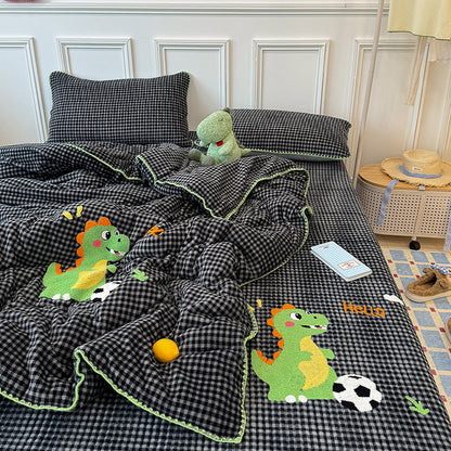 Milchfaser-Fleece-Bettwäsche-Set mit Cartoon-Stickerei