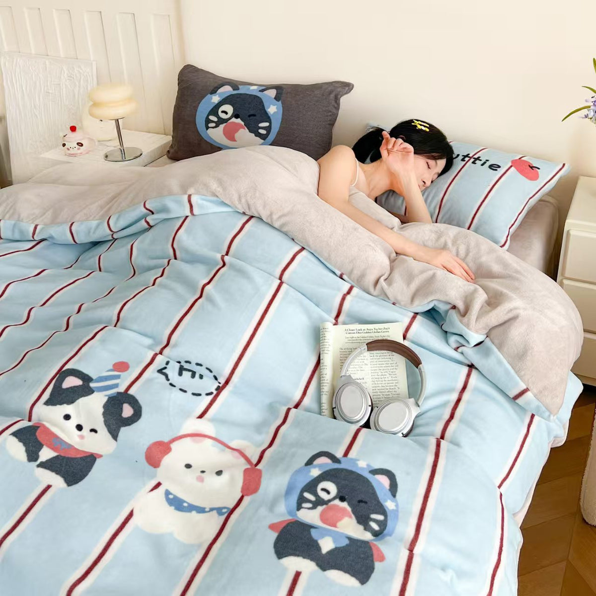 Milchfleece-Bettwäsche-Set, Cartoon-Design, warm