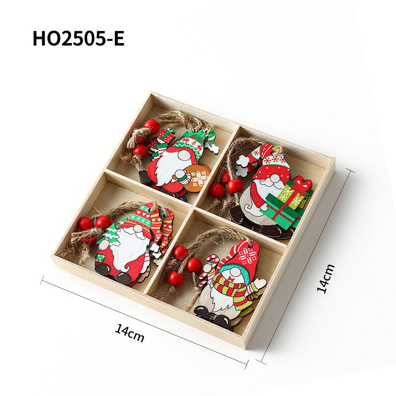 Weihnachts-Holzanhänger-Set, 4-teilige Box mit Wichtel-Motiven