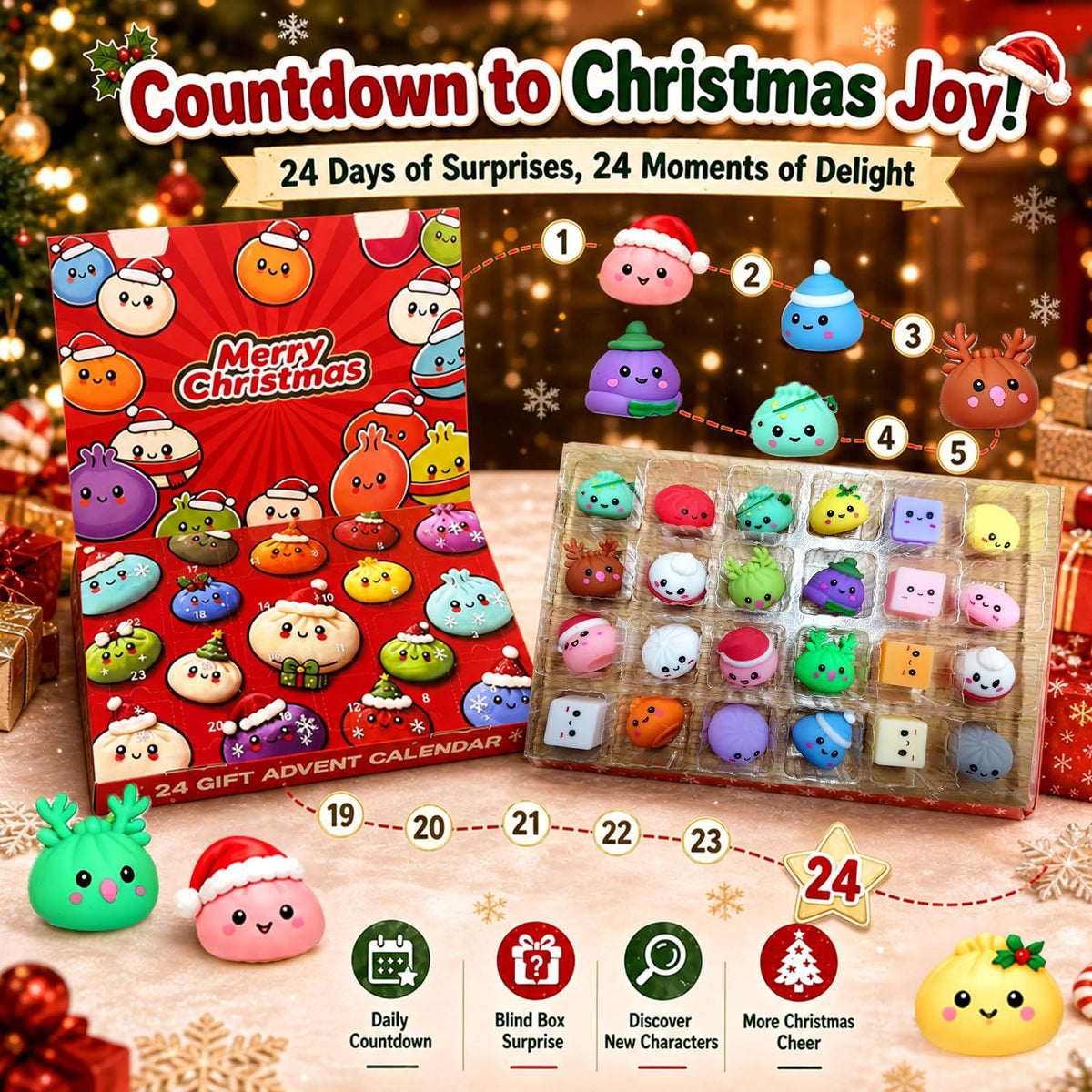 Weihnachts-Adventskalender mit 24 Anti-Stress-Figuren