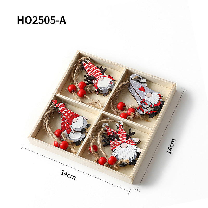 Weihnachts-Holzanhänger-Set, 4-teilige Box mit Wichtel-Motiven