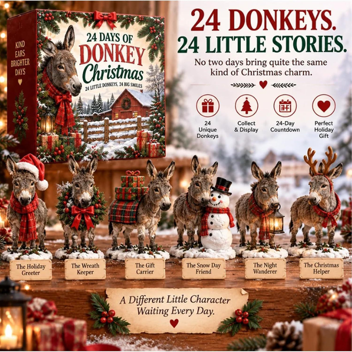 Weihnachts-Adventskalender mit Esel-Figuren