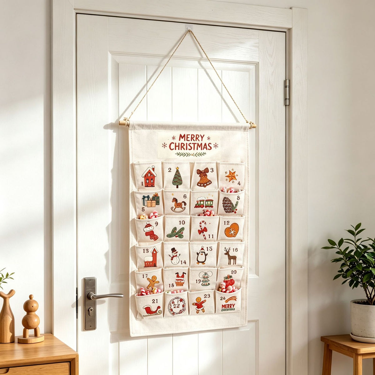 Weihnachts-Adventskalender aus Stoff mit 24 Taschen