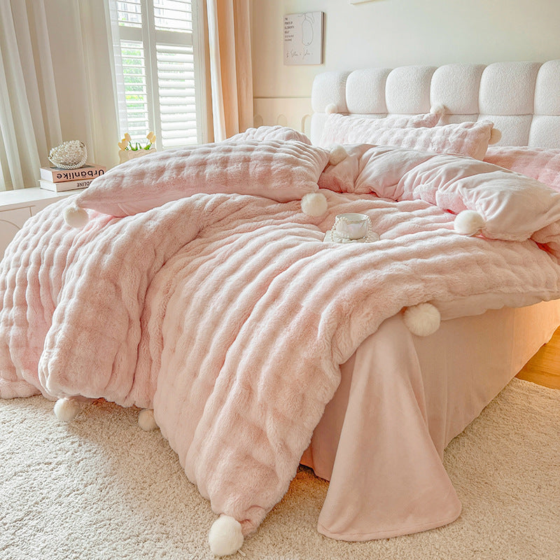 Flauschiges Milchfaser-Fleece Bettwäsche-Set mit Pompons