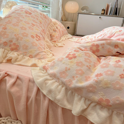 Milchfaser-Fleece Bettwäsche-Set, Blumenmuster, Winter