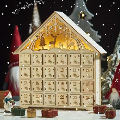 Beleuchteter Holz-Adventskalender im Hütten-Design