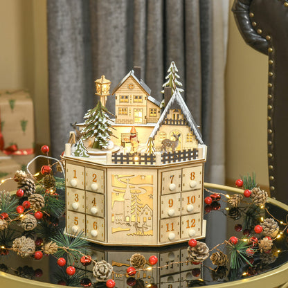 Holz-Adventskalender mit Musik und Dorf-Szene