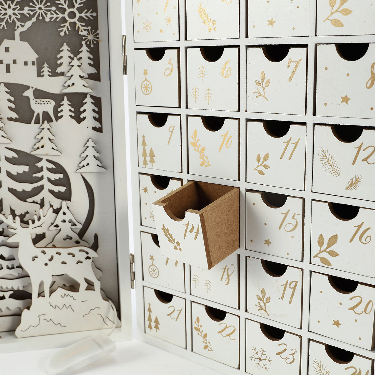 Holz-Adventskalender mit LED-Beleuchtung und Rentier-Motiv