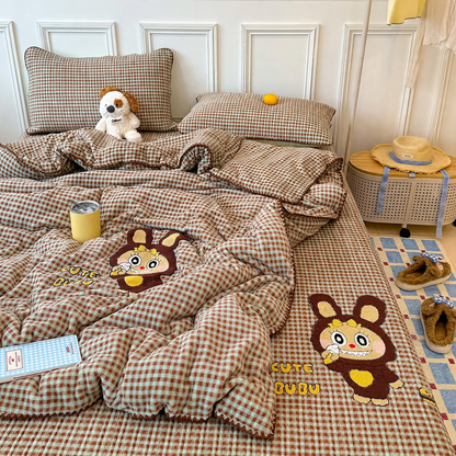 Milchfaser-Fleece-Bettwäsche-Set mit Cartoon-Stickerei
